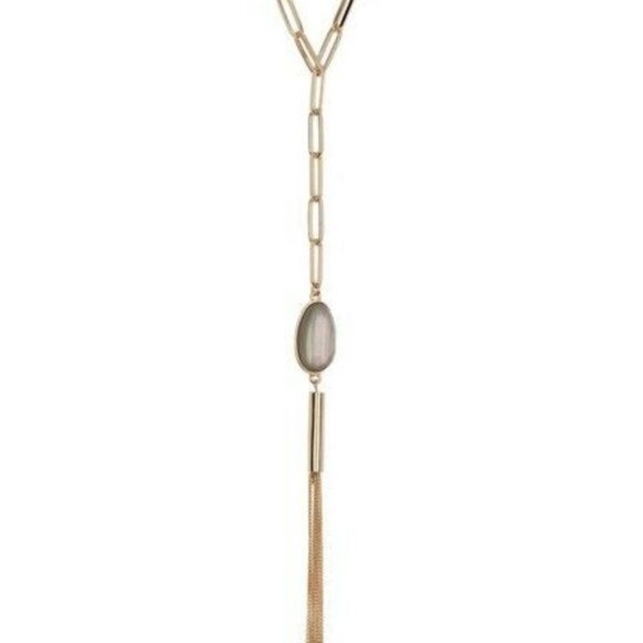 Halogen Stone Y-Drop Tassel Oval Link Necklace - Picture 3 of 7